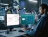 Ein Experte überwacht Cyberangriffe mithilfe der ESET-Plattform, die detaillierte Angriffspfade und Sicherheitslösungen visualisiert.